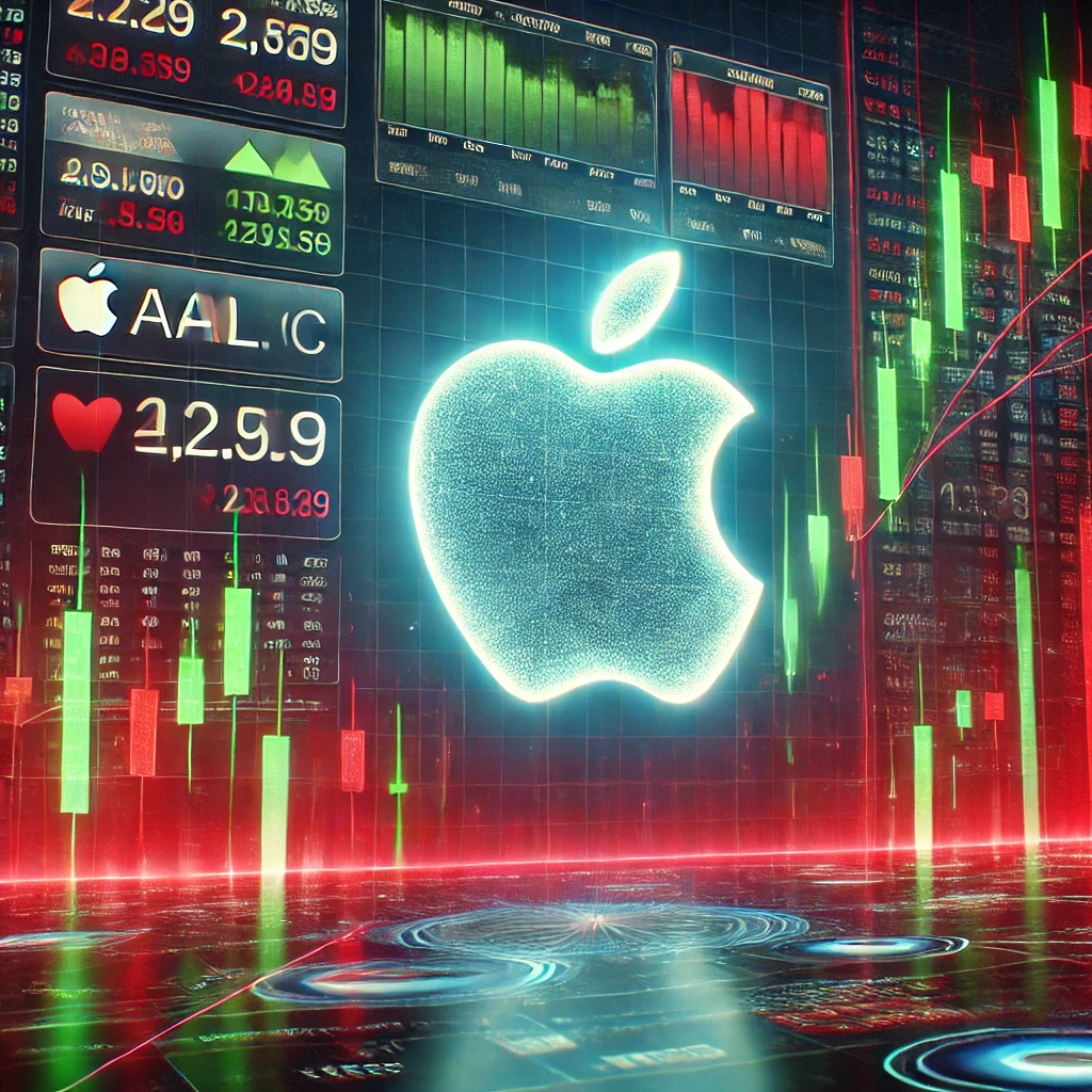 DALL·E-2025-03-10-21.21.51-A-high-tech-digital-stock-market-board-showcasing-Apple-Inc.-AAPL-share-price-fluctuations-with-red-and-green-candlestick-charts.-The-background-fea Apple Share Price 2025: इतिहास, वर्तमान स्थिति Bullish Trend