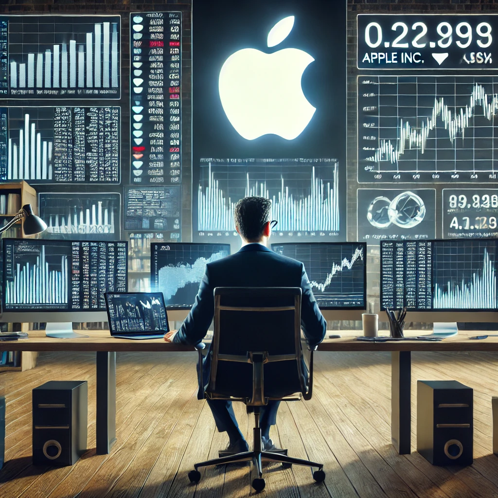 DALL·E-2025-03-10-21.22.22-A-financial-analyst-in-a-modern-office-analyzing-Apple-Inc.-AAPL-stock-price-on-multiple-monitors-with-stock-market-data-and-a-large-Apple-logo-in-t Apple Share Price 2025: इतिहास, वर्तमान स्थिति Bullish Trend